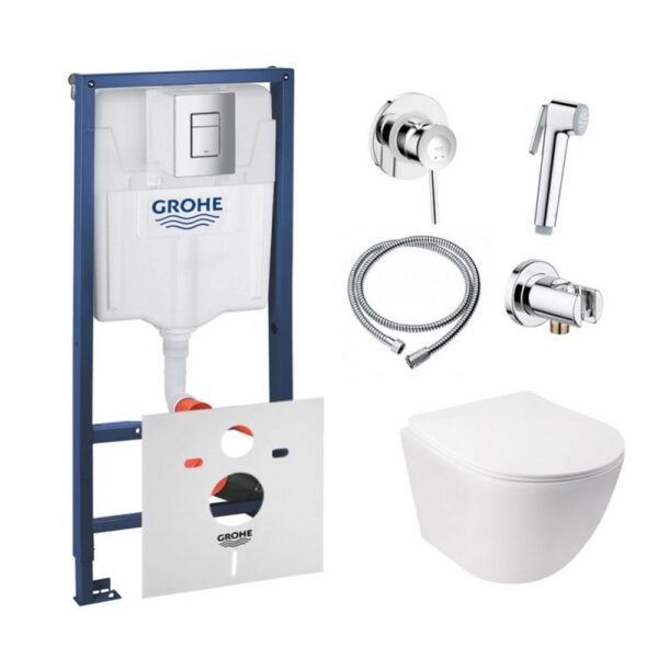 Комплект инсталляция Grohe Rapid SL 38772001 + унитаз с сиденьем Qtap Jay QT07335176W + набор для гигиенического душа со смесителем Grohe BauClassic 111048 фото 