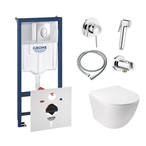 Комплект инсталляция Grohe Rapid SL 38721001 + унитаз с сиденьем Qtap Jay QT07335176W + набор для гигиенического душа со смесителем Grohe BauClassic 111048 фото 