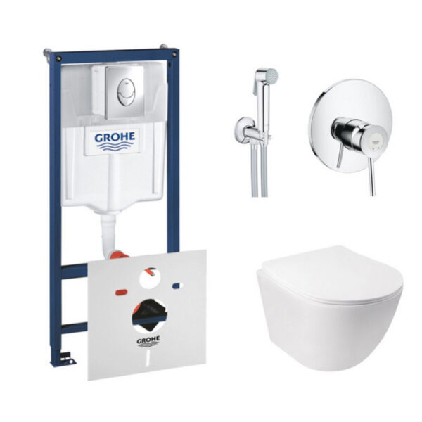 Комплект инсталляция Grohe Rapid SL 38721001 + унитаз с сиденьем Qtap Jay QT07335176W + набор для гигиенического душа со смесителем Grohe BauClassic 2904800S фото 