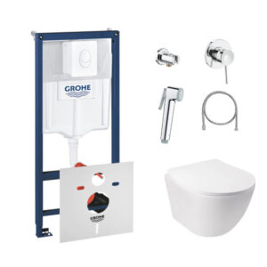 Комплект инсталляция Grohe Rapid SL 38722001 + унитаз с сиденьем Qtap Jay QT07335176W + набор для гигиенического душа со смесителем Grohe BauClassic 111048