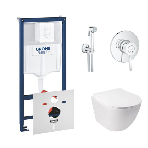 Комплект инсталляция Grohe Rapid SL 38722001 + унитаз с сиденьем Qtap Jay QT07335176W + набор для гигиенического душа со смесителем Grohe BauClassic 2904800S фото 