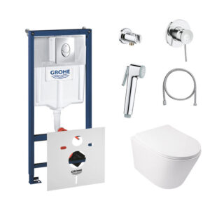 Комплект инсталляция Grohe Rapid SL 38721001 + унитаз с сиденьем Qtap Swan QT16335178W + набор для гигиенического душа со смесителем Grohe BauClassic 111048