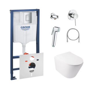 Комплект инсталляция Grohe Rapid SL 38772001 + унитаз с сиденьем Qtap Swan QT16335178W + набор для гигиенического душа со смесителем Grohe BauClassic 111048