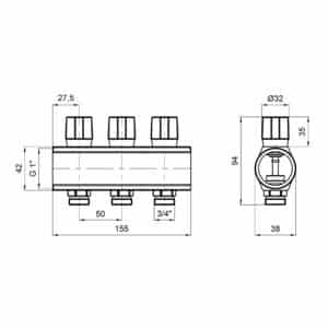 Коллектор Icma с регулировочными вентилями 1″ 3 выхода №1105 (Blue)